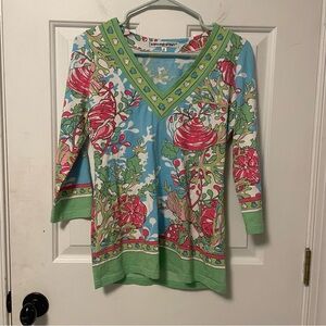 Barbara Gerwit Colorful Nautical V-Neck Tunic Top Size Small S